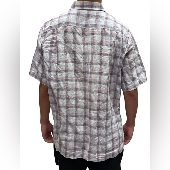 🔥🌴TASSO ELBA Island linen blend shirt Size L. Grayish background w/ plum/pink - Picture 2 of 8